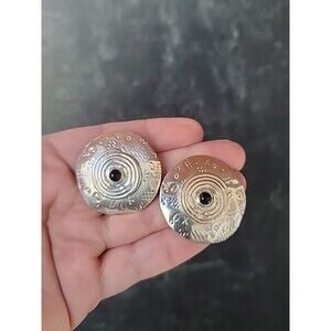 Deborah Roberts Signed Sterling Silver Onyx Accent Stamped Circle Earrings